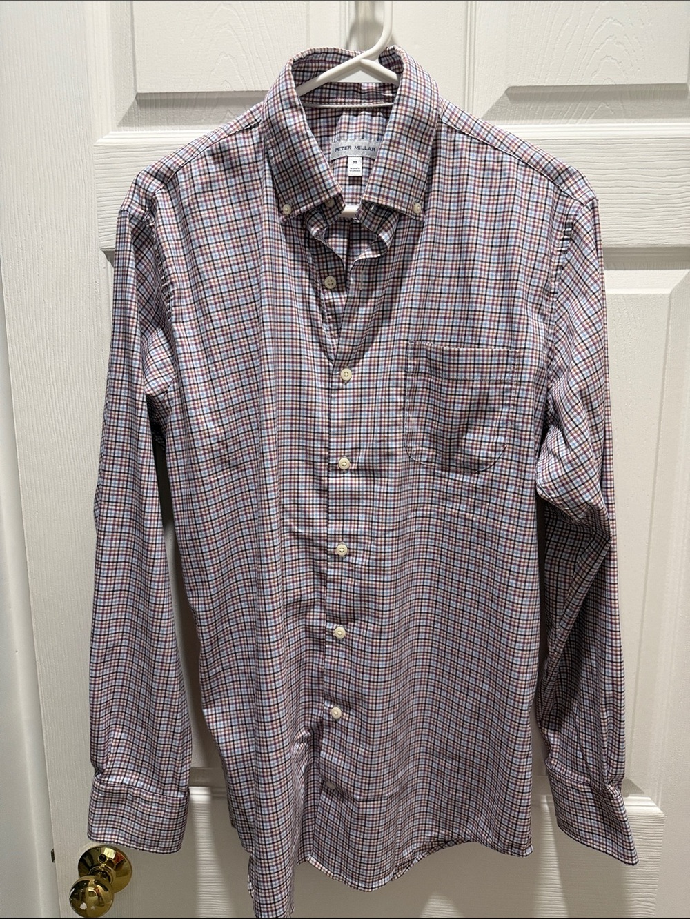 Peter Millar Men's Blue and Red Micro-Check Button-Down Shirt